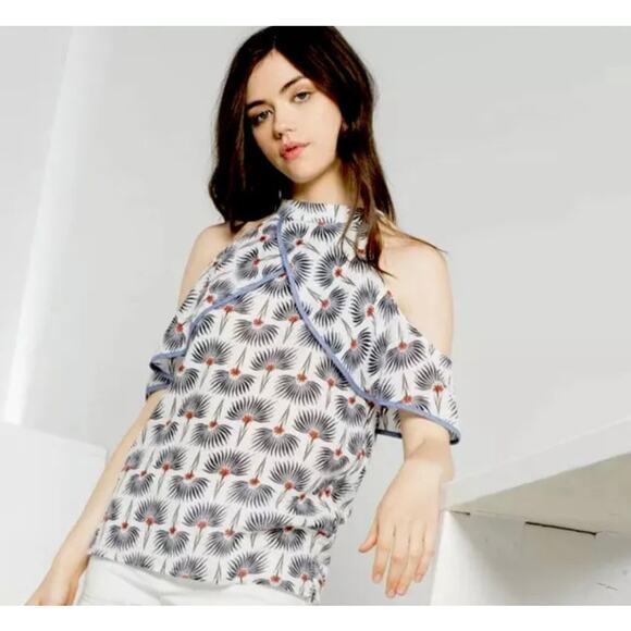 THML Anthropologie Slvlss Top Shirt Blouse L Floral Cold Shoulder Ruffle - Picture 8 of 9